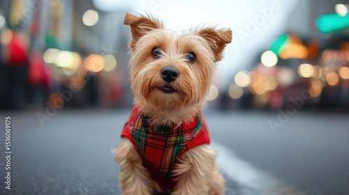 Fototapeta Naklejka Na Ścianę i Meble -  A charming small dog wearing a plaid festive outfit sits adorably, epitomizing cuteness and fluffiness while enjoying a walk in a lively shopping street full of holiday cheer.