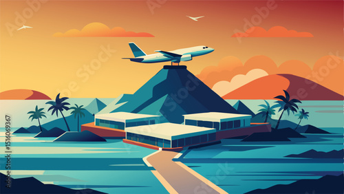 Island resort illustration with mountains and ocean backdrop