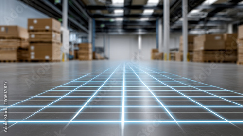 Futuristic warehouse with glowing digital grid on floor, surrounded by stacked boxes and industrial shelves, creating high tech and modern logistics environment