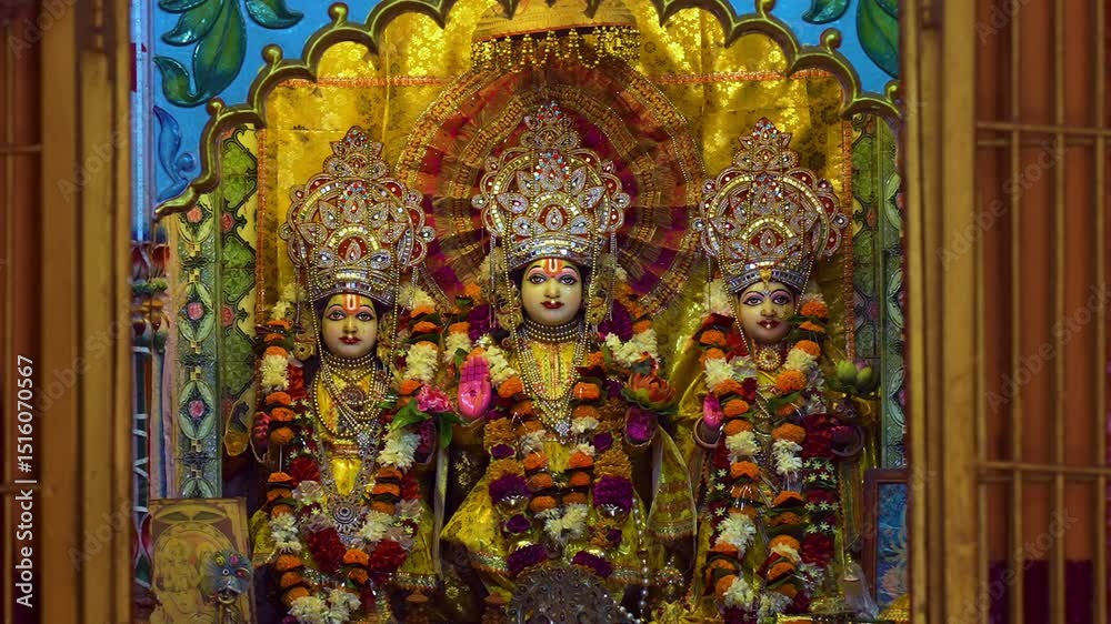 Ram Darbar – Lord Ram, Sita, and Lakshman Idols in a Decorated Temple Shrine