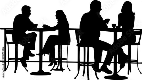 "Elegant vector-style silhouettes of diverse couples at café tables, casually interacting. Slightly elevated view shows varied seating arrangements and body language, all in black silhouettes against 