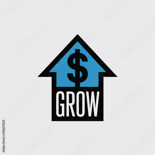 Financial growth concept represented by an arrow up with a dollar symbol a blue house and the word grow indicating increase in wealth