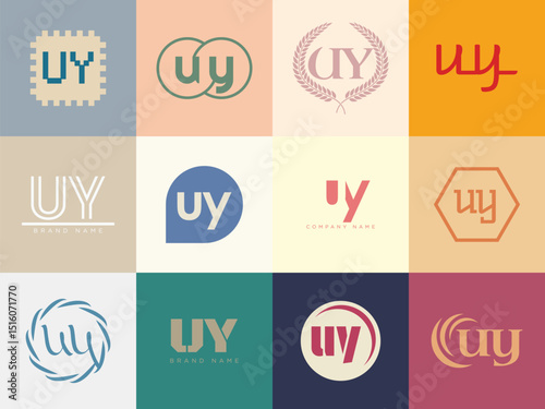 UY logo company template. Letter u and y logotype. Set different classic serif lettering and modern bold text with design elements. Initial font typography.