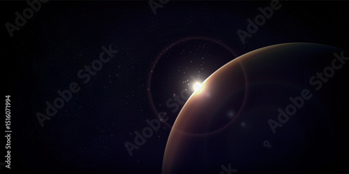 Dark sky background.Space sunrise, good morning world. Sunrise with rays and lens flare.