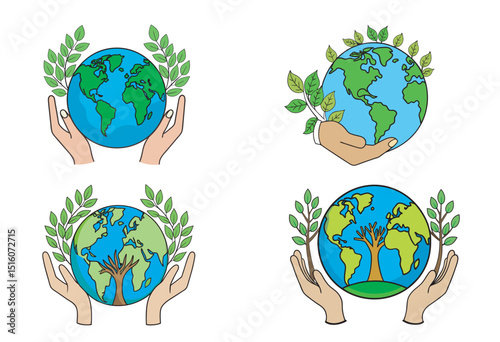 Save our green planet, an eco-friendly concept illustration of a global environment with a leaf icon and tree