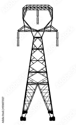 A tall power tower with a lot of wires. The tower is black and white