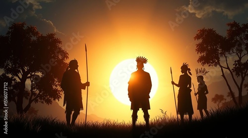 Silhouetted Indigenous People Sharing Traditions at Sunset