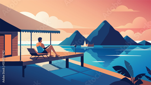 Tropical vacation getaway with couple on pier at sunset vector
