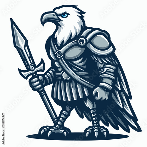 Eagle Warrior: A formidable eagle warrior stands poised, holding a spear, embodying strength and valor in a digital illustration, ready for any battle.