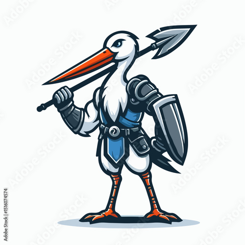 Valiant Stork: A stoic stork stands ready for battle, donning shining armor and wielding a spear, its gaze fixed with resolve and valor.