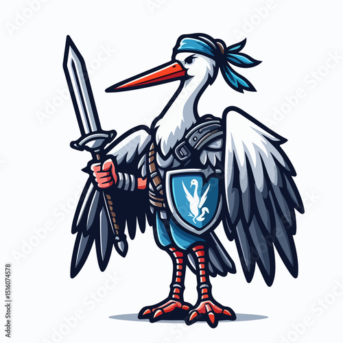 Brave Stork Warrior: An emblematic representation of a courageous stork, poised as a warrior, brandishing a sword and shield, ready to protect its realm. 