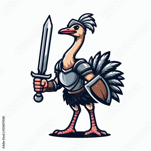 Ostrich Knight: A valiant ostrich stands ready for battle, clad in gleaming armor and wielding a formidable sword and shield, embodying courage and protection.