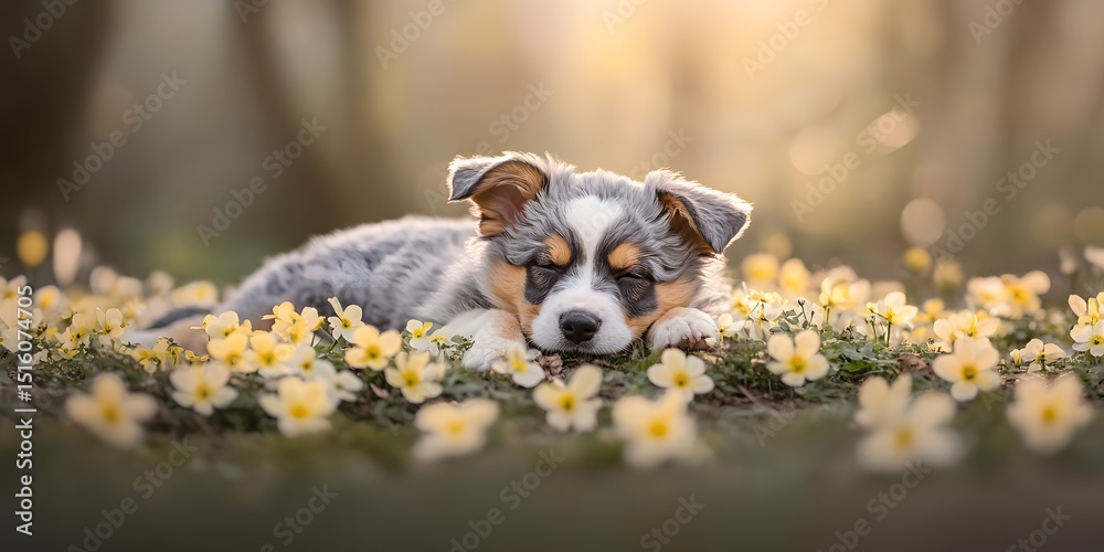 Fototapeta premium Adorable Puppy Sleeping in Spring Flowers
