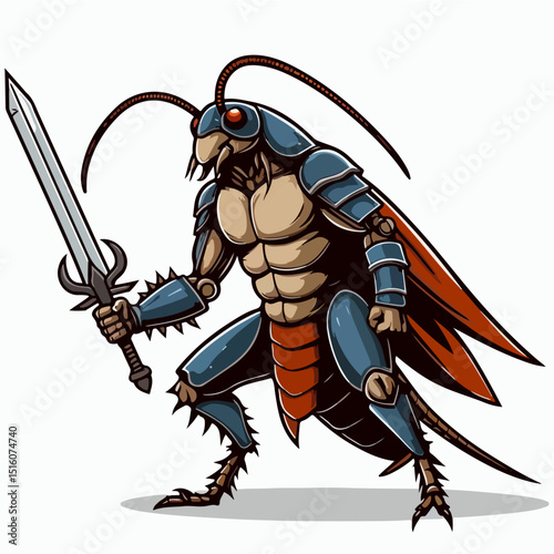 Armored insect with sword: An illustration of a formidable insect warrior, clad in armored plating and wielding a gleaming sword, ready for battle. Capturing the strength and the readiness.