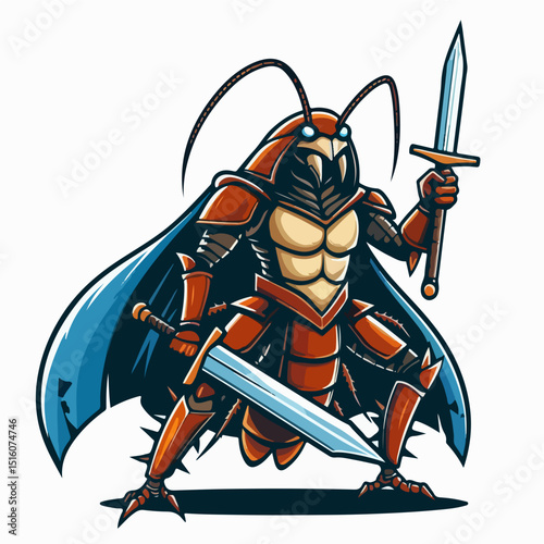 Armored Cockroach Warrior: An illustrated image of a valiant, armored cockroach warrior stands ready for battle, holding two gleaming swords. Its imposing presence embodies courage and strength.