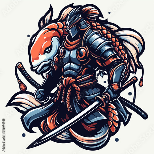 Koi Fish Samurai: A formidable samurai figure merges with a koi fish, symbolizing strength, perseverance, and resilience in this striking illustration.