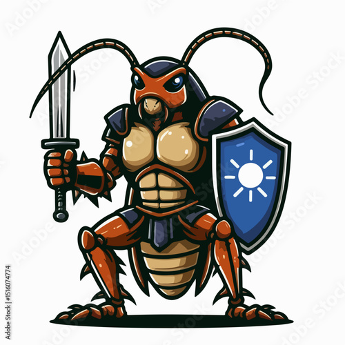 Cockroach Warrior Illustration: A bold cartoon cockroach character stands ready for battle, wielding a sword and shield, clad in armor