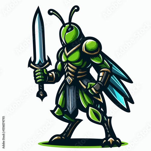 Mighty Insect Warrior: A striking illustration of a stylized insect warrior, poised with sword in hand, showcasing strength and resolve.