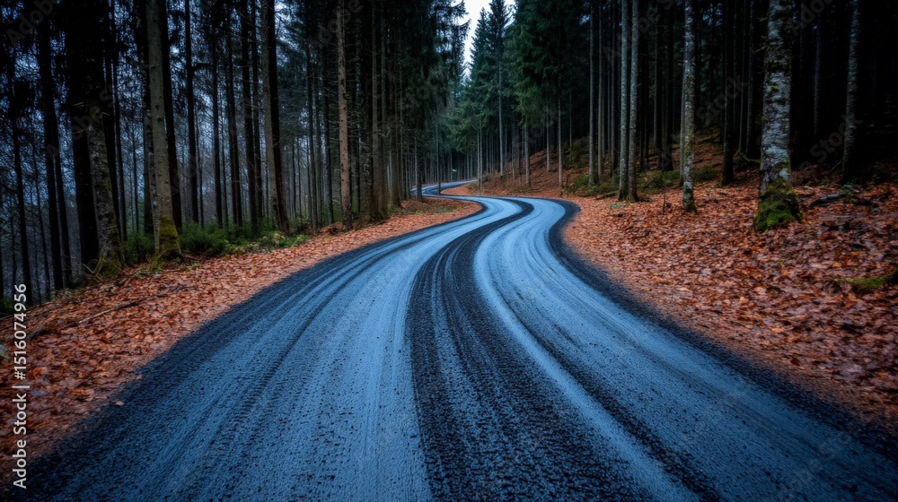 Fototapeta premium Winding gravel road through a dense forest with tall trees and autumn leaves