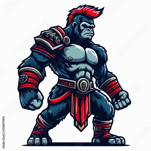 A Powerful Gorilla: An illustration of a strong gorilla, exuding power with a defiant posture, striking design and captivating colors, showcasing its raw strength and imposing presence.