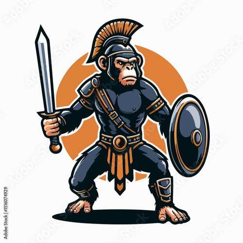 Fearless Warrior: An illustration showcases a strong gorilla prepared for battle, wielding a sword and shield with an aura of courage.