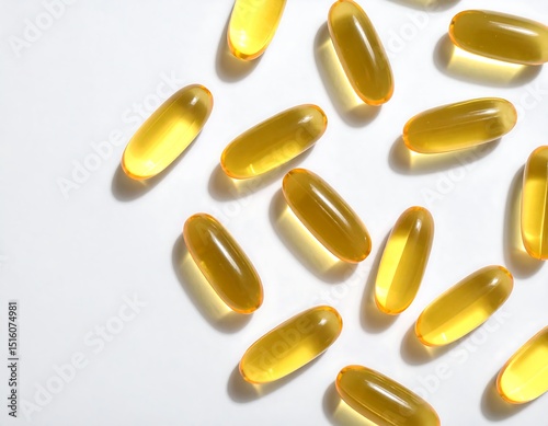 Scattered yellow capsules on white background