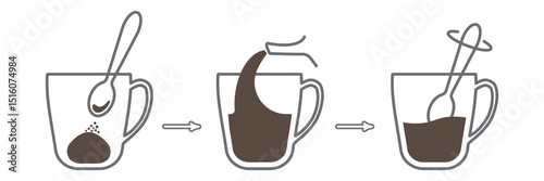 Basic steps to get finished drink from freeze-dried granulated coffee. Instant coffee preparation, instruction for packaging. Linear icon of kettle, cup, teaspoon. Contour isolated vector illustration