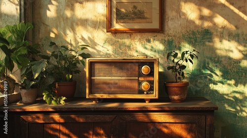 old radio on shelf, warm tone, vintage style.