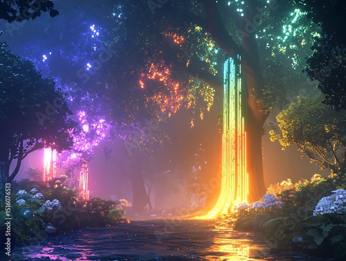 Enchanted luminescence: A mystical forest bathed in spectral aurora display