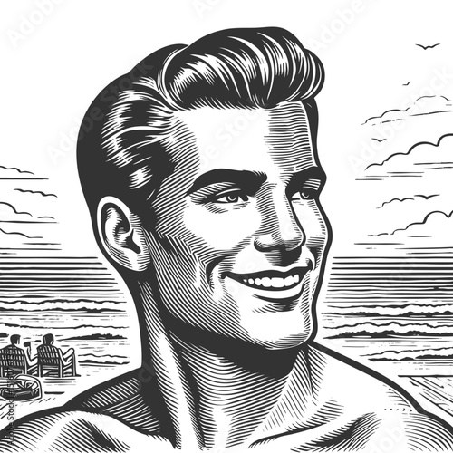 happy shirtless man smiling at the seaside with waves and beach chairs in background sketch engraving generative ai fictional character vector illustration. Scratch board. Black and white image.