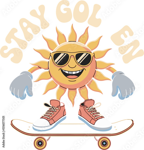 Fun loving cartoon sun character enjoying a skateboard ride while spreading good vibes