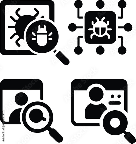 Magnifying Glass, Bug Detection, Malware Analysis & User Identification Symbols for Digital Defense- vector, icon