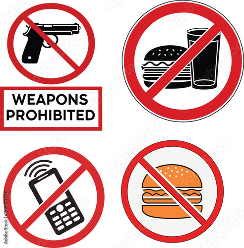 Prohibited Items Signs: No Weapons, Food, Drinks, Phones – Safety Restrictions for Public Places and Secure Areas, vector set