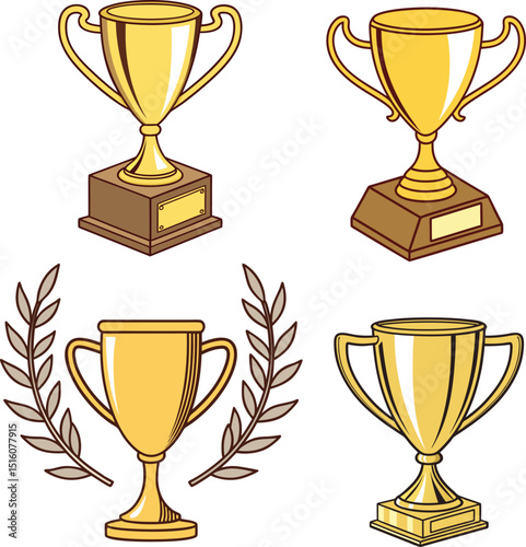 Gold Trophy Cup Collection Vector – Champion Award Icons with Laurel, Sports Prize Design for Winner, Success Symbol, Achievement Badge