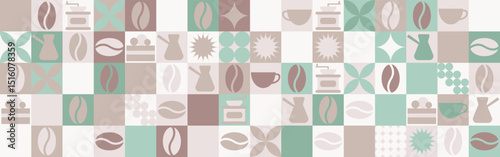 Coffee seamless background for textile and wallpaper with geometric shapes and coffee beans. Fashionable splash template with a cup in brown and green tones.