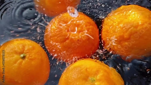Orange with splash, drip and whirlpool. Makes a refreshing impression. Horizontal Photo.