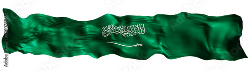 Stylized flag of Saudi Arabia waving in the wind on transparent background. Footer, header or divider. Cut out wide, panoramic element. Banner for patriotic themes or national event promotions. 3D.