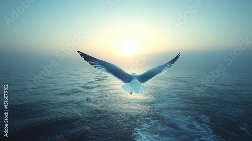 Wallpaper Mural Majestic Seagull Flying Above Calm Ocean at Sunset Horizon Torontodigital.ca
