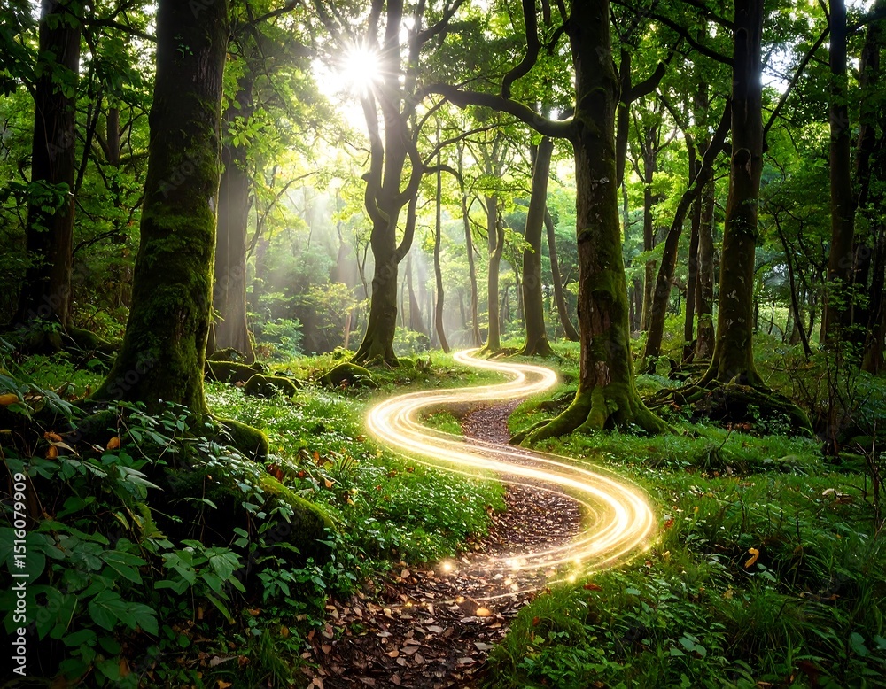 Obraz premium Sunlight path through a lush forest