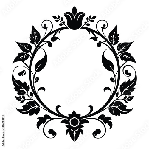 Ornate floral wreath design with leaves and flower accents