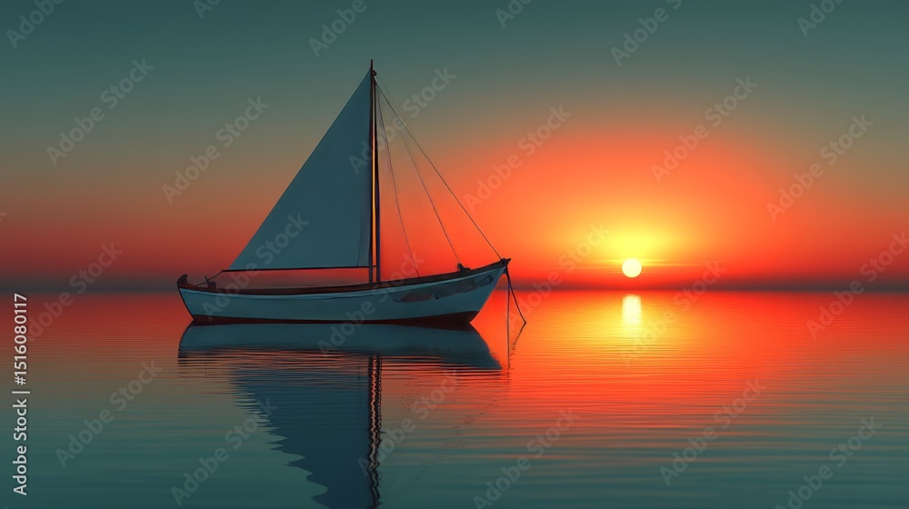 Fototapeta premium Tranquil Sunset Over Calm Water with Sailboat Silhouette