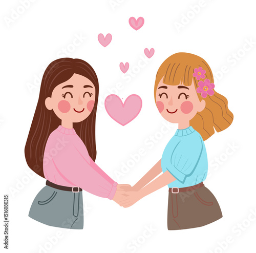 Cute cartoon illustration of two girls in love holding hands with pink heart above. LGBTQ+ pride and love concept.