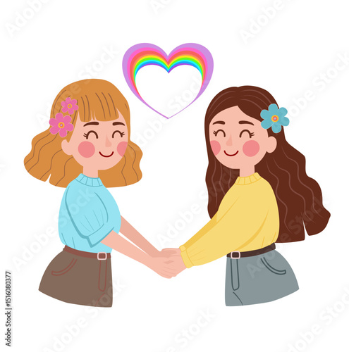 Cute cartoon illustration of two girls in love holding hands with a rainbow heart above. LGBTQ+ pride and love concept.