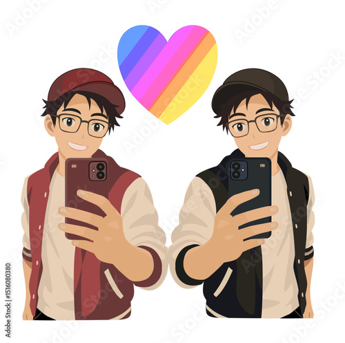 Cute cartoon of two happy boys with  heart symbolizing LGBTQ+ love and pride.