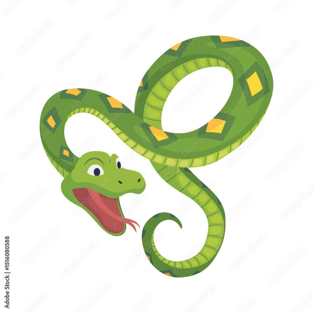 Fototapeta premium Cartoon color snake. Cute smiling animal, funny reptile of wild tropical nature. Flat vector isolated illustrations for kids design