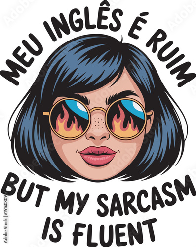 Humorous illustration of a woman expressing her sarcasm and poor english skills