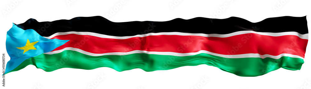 Fototapeta premium Stylized flag of South Sudan on transparent background. Footer, header or divider. Cut out wide, panoramic element. Banner for patriotic themes or national event promotions. 3D.