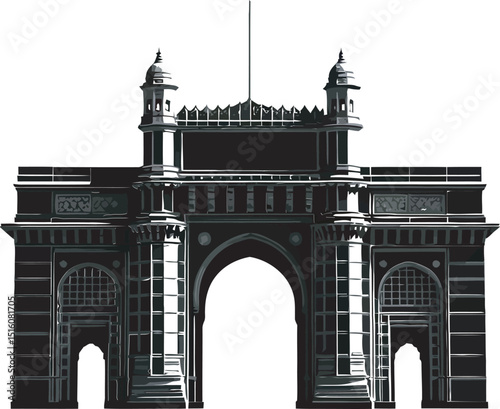 Iconic gateway of india monument in mumbai illustrative black and white vector art