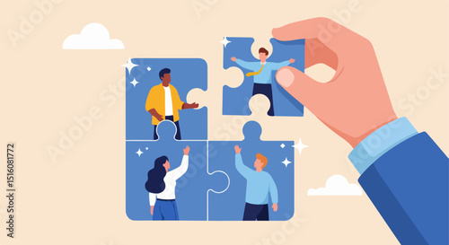 Flat vector illustration of a hand fitting a puzzle piece featuring a cartoon man into a group of connected pieces with diverse characters, symbolizing teamwork, inclusion, and unity on a beige backgr