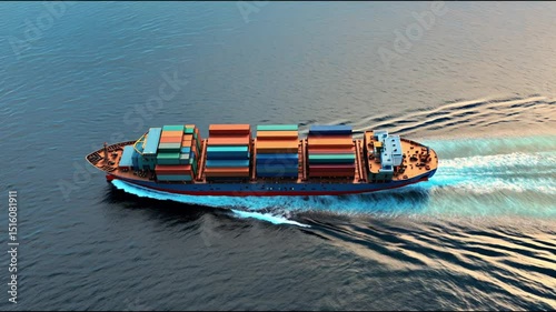 Container ship in import export and business logistic.By crane ,Trade Port , Shipping.cargo to harbor.Aerial view.Water transport.International.Shell Marine.Top view.	